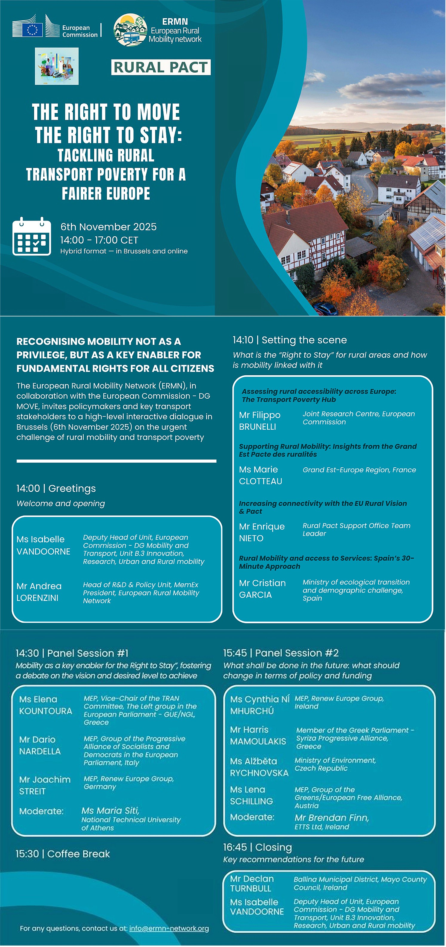 Das Europäische Netzwerk für ländliche Mobilität (ERMN) lädt zum Dialog ein. Am 6. November 2025 geht es von 14 - 17 Uhr um europäische Perspektiven bei ländlicher Mobilität. Gastgeber ist das ERMN, das bei diesem Treffen eng mit der Generaldirektion Mobilität und Verkehr der Europäischen Union zusammenarbeitet. Grafik (c) ERMN/Memex Das Europäische Netzwerk für ländliche Mobilität (ERMN) lädt zum Dialog ein. Am 6. November 2025 geht es von 14 - 17 Uhr um europäische Perspektiven bei ländlicher Mobilität. Gastgeber ist das ERMN, das bei diesem Treffen eng mit der Generaldirektion Mobilität und Verkehr der Europäischen Union zusammenarbeitet. Grafik (c) ERMN/Memex