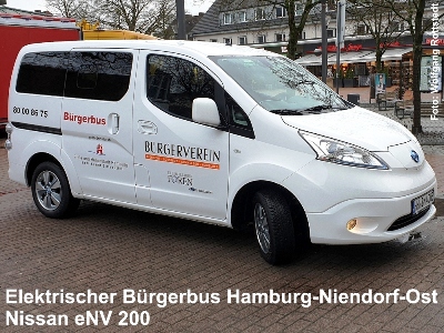 Der Bürgerbus im Hamburg Niendorf-Ost fährt mit dem elektrischen Fahrzeug Nissan eNV 200. Archivbild: Wolfgang Rottstedt/Bürgerbus Hamburg Niendorf-Ost