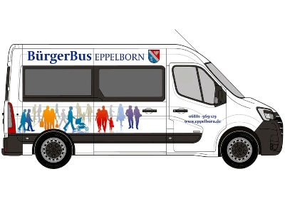 Der Bürgerbus Eppelborn wird am 4. November 2021 den Betrieb aufnehmen. So wie auf dieser Grafik wird das Fahrzeug aussehen. Grafik (c) Gemeinde Eppelborn