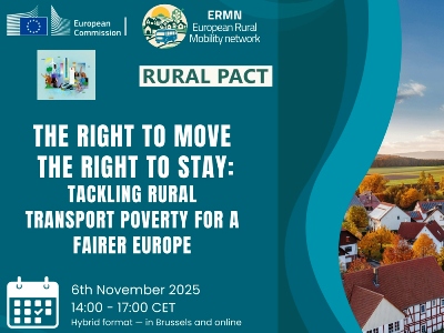 Das Europäische Netzwerk für ländliche Mobilität (ERMN) lädt zum Dialog ein. Am 6. November 2025 geht es von 14 - 17 Uhr um europäische Perspektiven bei ländlicher Mobilität. Gastgeber ist das ERMN, das bei diesem Treffen eng mit der Generaldirektion Mobilität und Verkehr der Europäischen Union zusammenarbeitet. Grafik (c) ERMN/Memex