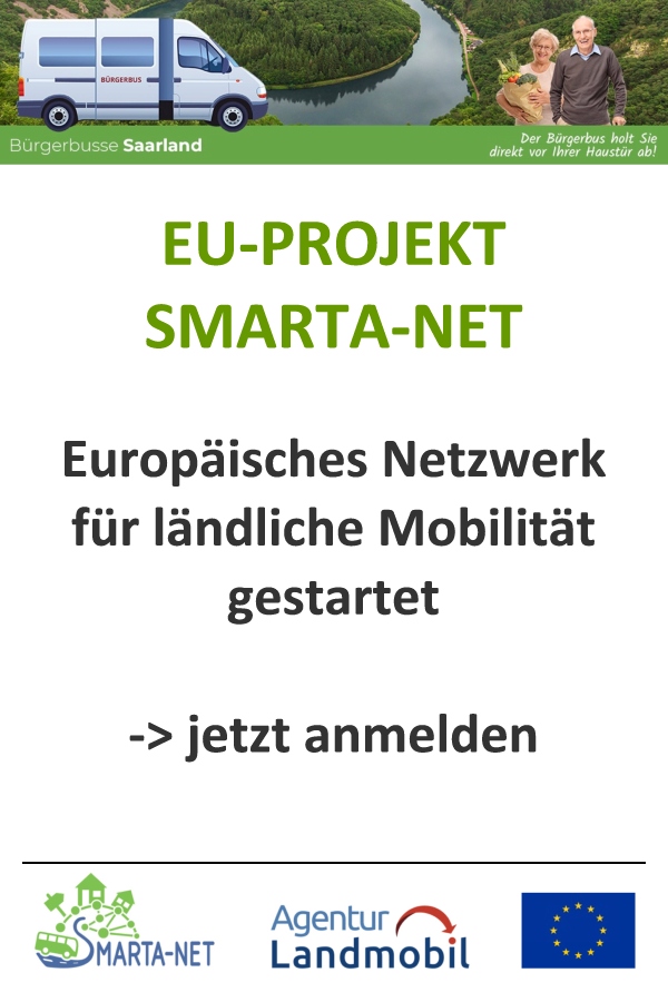 Das EU-Forschungsprojekt SMARTA-NET sucht aus ganz Europa weitere gute Beispiele für das neue Europäische Mobilitätsnetzwerk für ländliche Mobilität (ERMN). Zielgruppe sind lokale und regionale Projekte mit Bezug zu ländlicher Mobilität. Das können weitere Bürgerbusprojekte aus allen Regionen bzw. Bundesländern sein – aber auch andere Angebote für Mobilität in ländlichen Räumen. Grafik (c) Agentur Landmobil