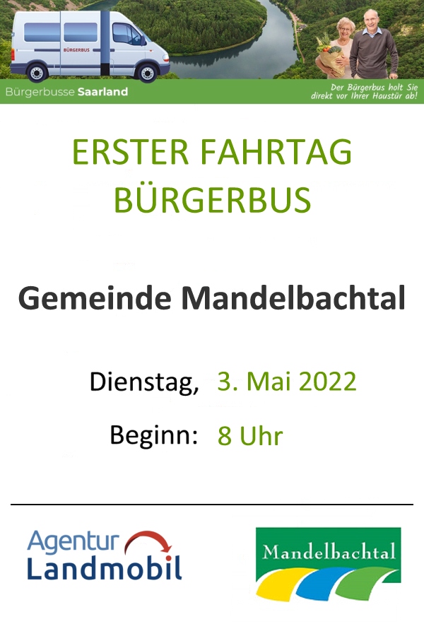 Am Montag, den 2. Mai 2022 ist von 9 - 11 Uhr in der Gemeinde Mandelbachtal erstmals die telefonische Vorbestellung möglich. Erster Fahrtag ist Dienstag, 3. Mai 2022 ab 8 Uhr. Grafik (c) Agentur Landmobil